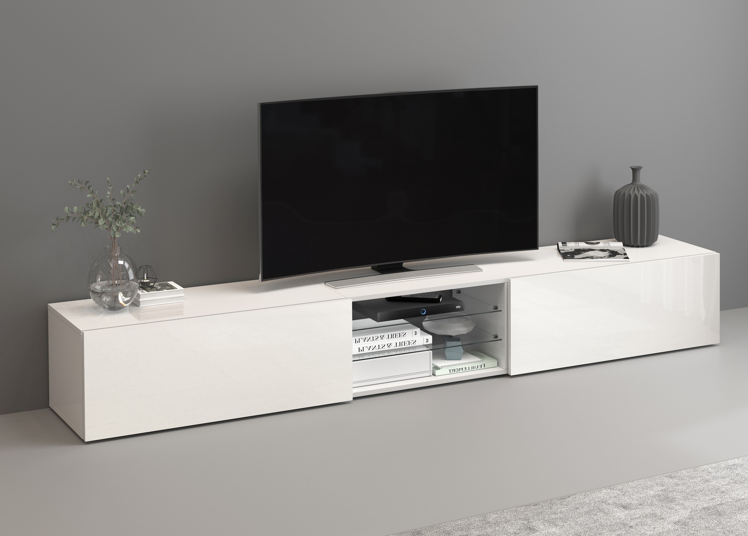 INOSIGN Lowboard »Egypt,Lowboard,TV-Kommode,TV-Möbel,TV-Bank« mit 2 Klappen, 2 Glasböden,kompl. Hochgl. lackiert (B/T/H)240x38x35 cm