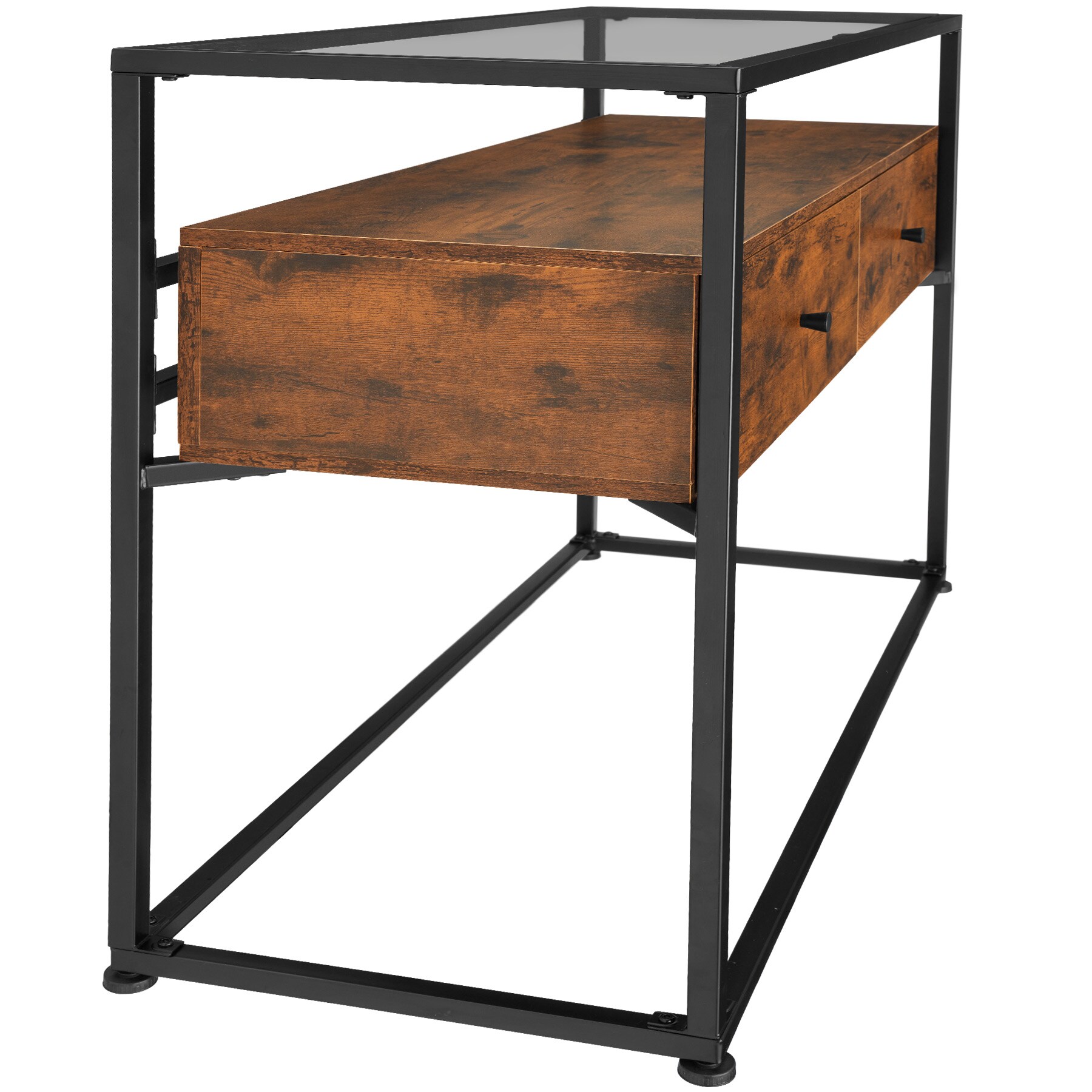 tectake® Konsolentisch, Industrial Style, Platte aus Sicherheitsglas, 2 große Schubladen, 101,5 x 41,5 x 80,5 cm