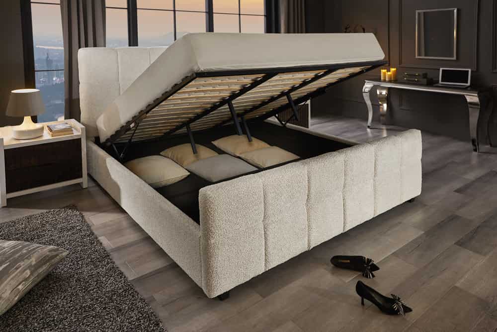 Modernes Boxbett PRESTIGE 180x200cm creme Bouclè mit Stauraum und Lattenrost