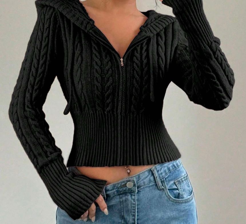 Genrovia - Effen kabelgebreide cropped cardigan met trekkoord en rits