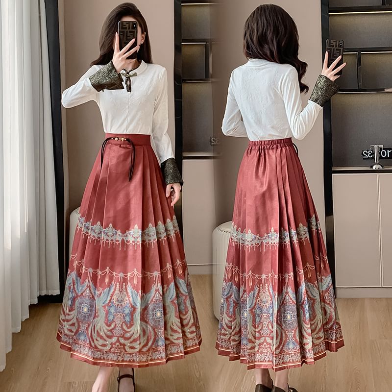 Fioridi - Hanfu-top met lange mouwen en bloemenprint en manchetten / Midi-rok met hoge taille en paisleyprint / Set