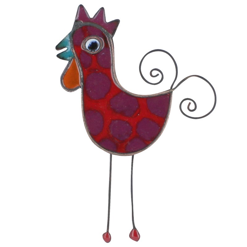 Broche Coq Émaillée Rouge à Pois Violet