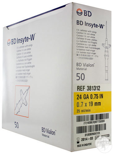 BD Insyte-W Cathéter IV 24G 3/4 0,7x19mm Jaune 50 Pièces (381312)