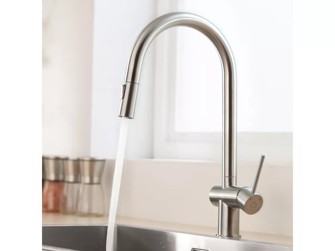 Cecipa max Evier en Quartz et Résine 60*45cm, avec Panier de Vidange et Distributeur de Savon Gratuits + Mitigeur avec Douchette Extractible, Brossé