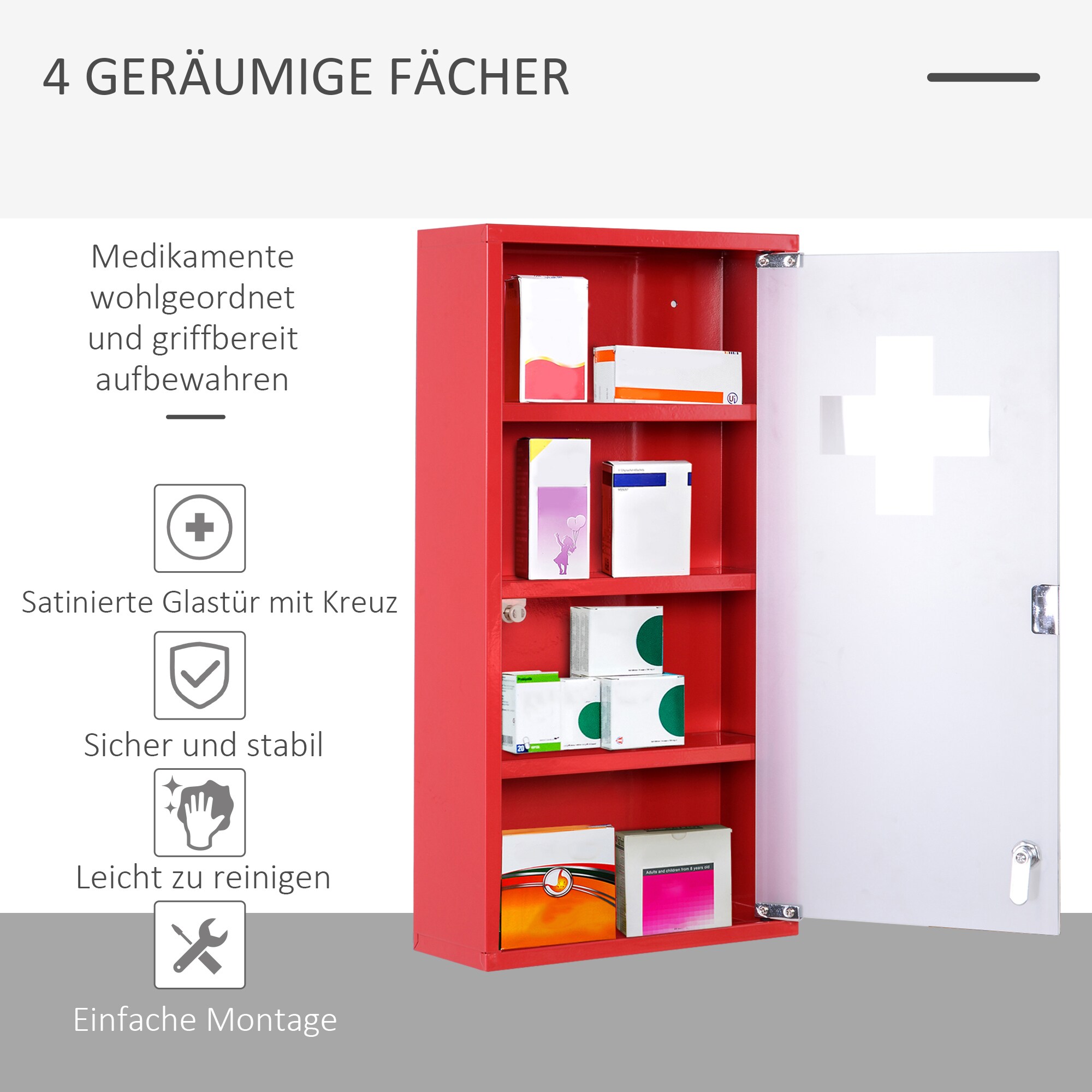 HOMCOM Medizinschrank zum Abschließen rot 30 x 12 x 60 cm (LxBxH)