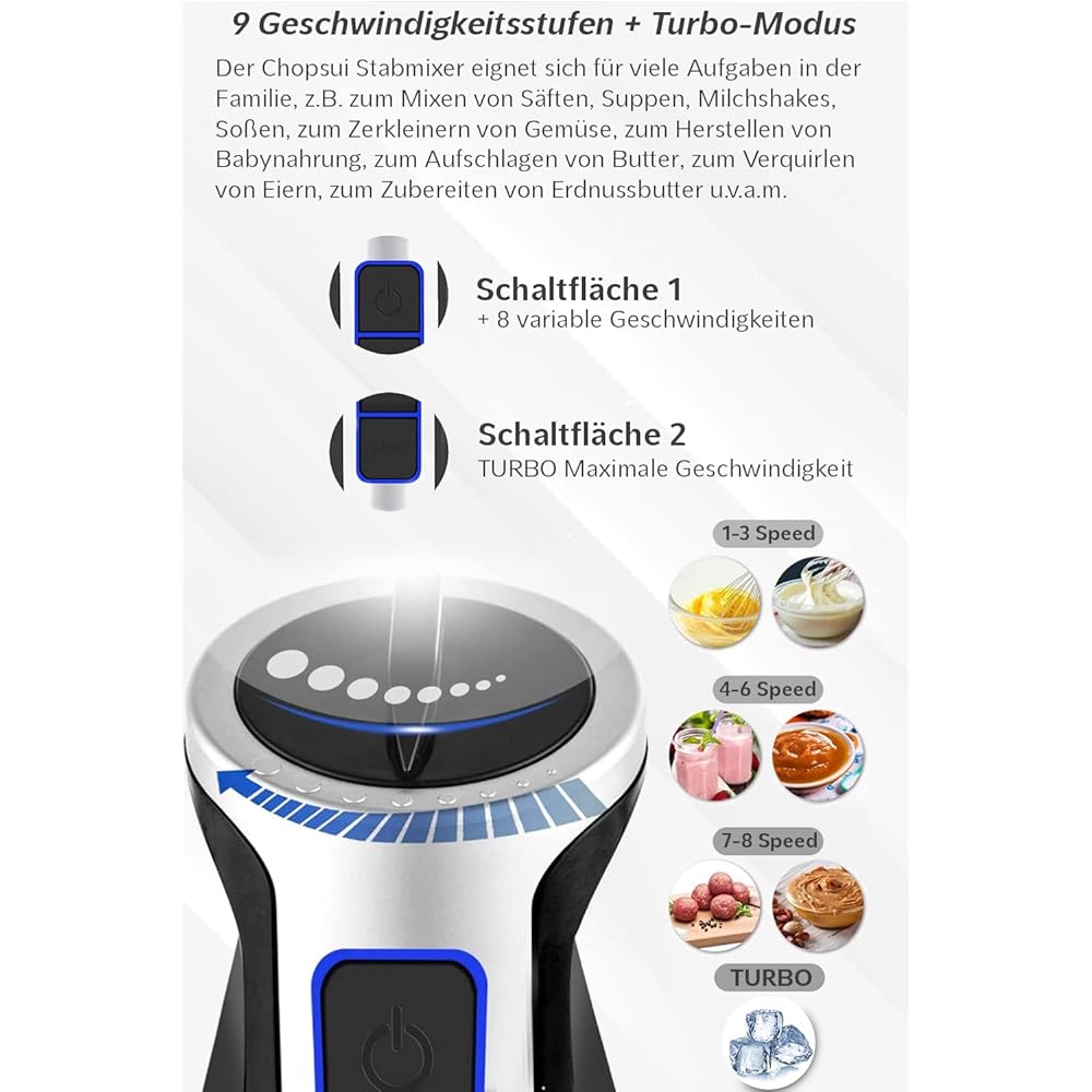 Lehmann Chopsui Mixeur plongeant 1200 W, Mixeur Plongeur avec 8 niveaux de vitesse en acier inoxydable, Mixeur blender pour Aliments pour Bebe, Soupe, Sauce et Purée, 9 Accessoires du mixer inclus : Cuisine et Maison