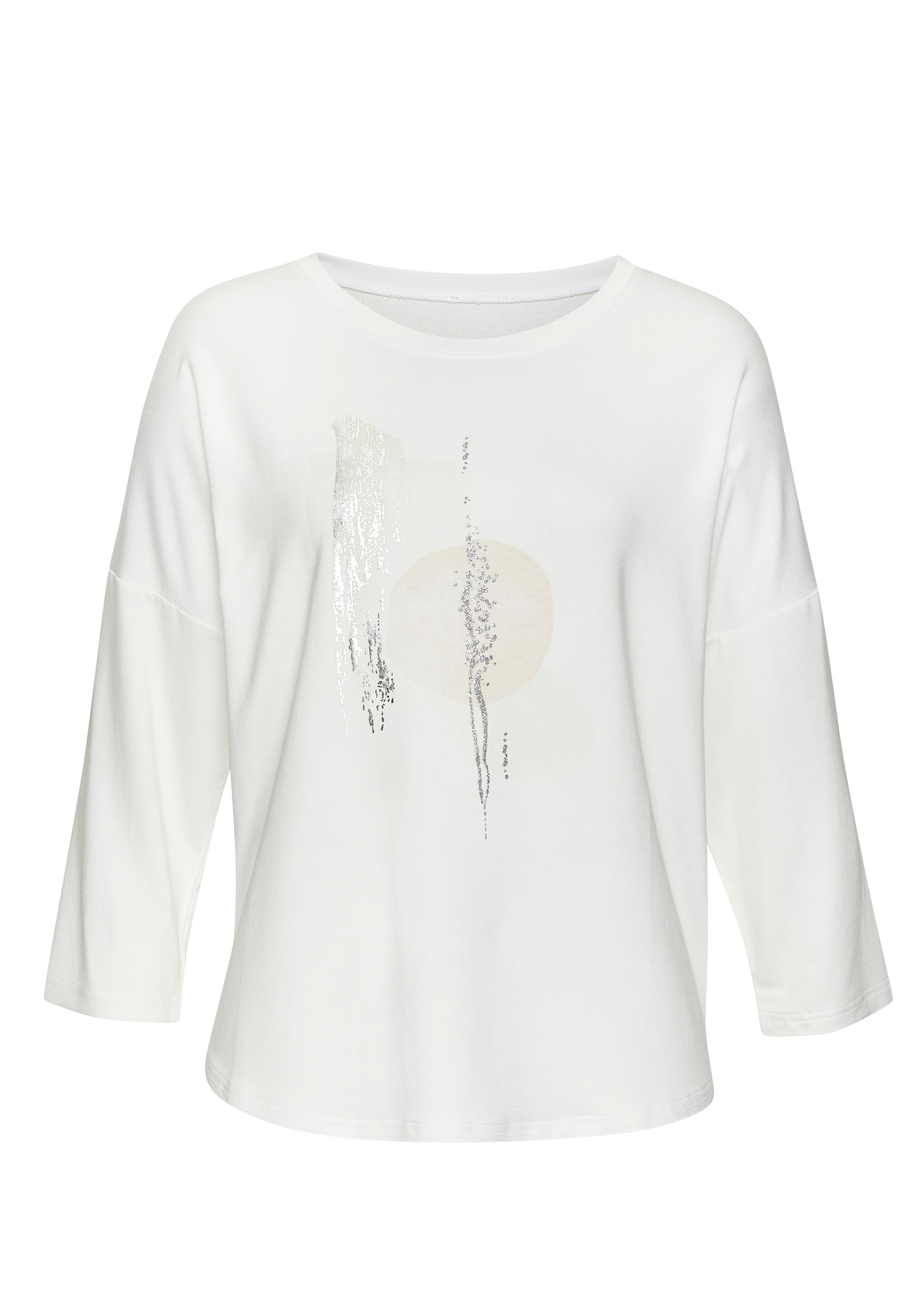 LASCANA 3/4-Arm-Shirt »mit schimmerndem Folienprint«, aus hochwertiger French Terry-Qualität aus Viskose