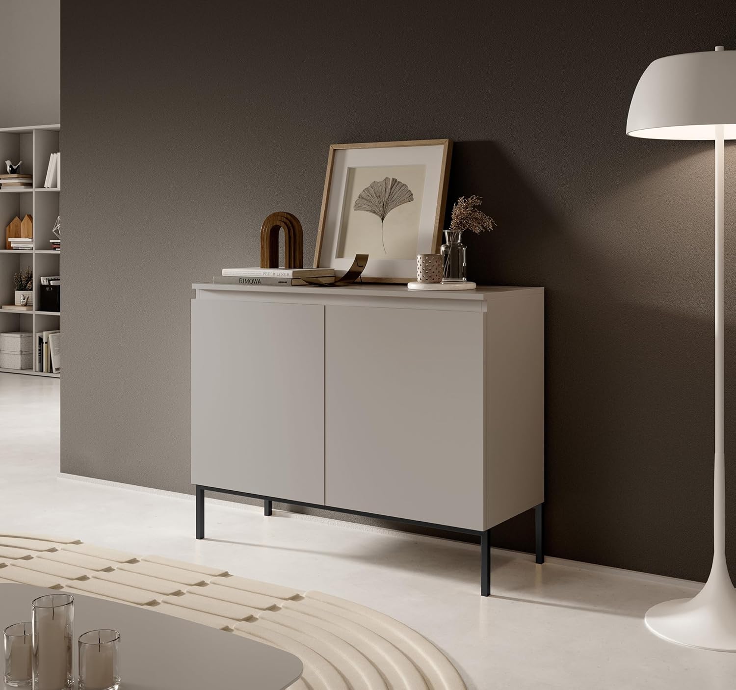 Selsey Kommode Schrank Aufbewahrungsschrank 100 cm 2 Türen 4 Fächer Taupe Schwarze Beine Bemmi