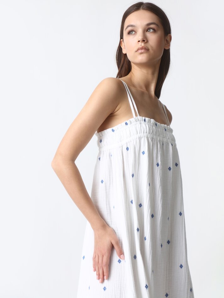 Vestido longo com bordado - Branco-creme