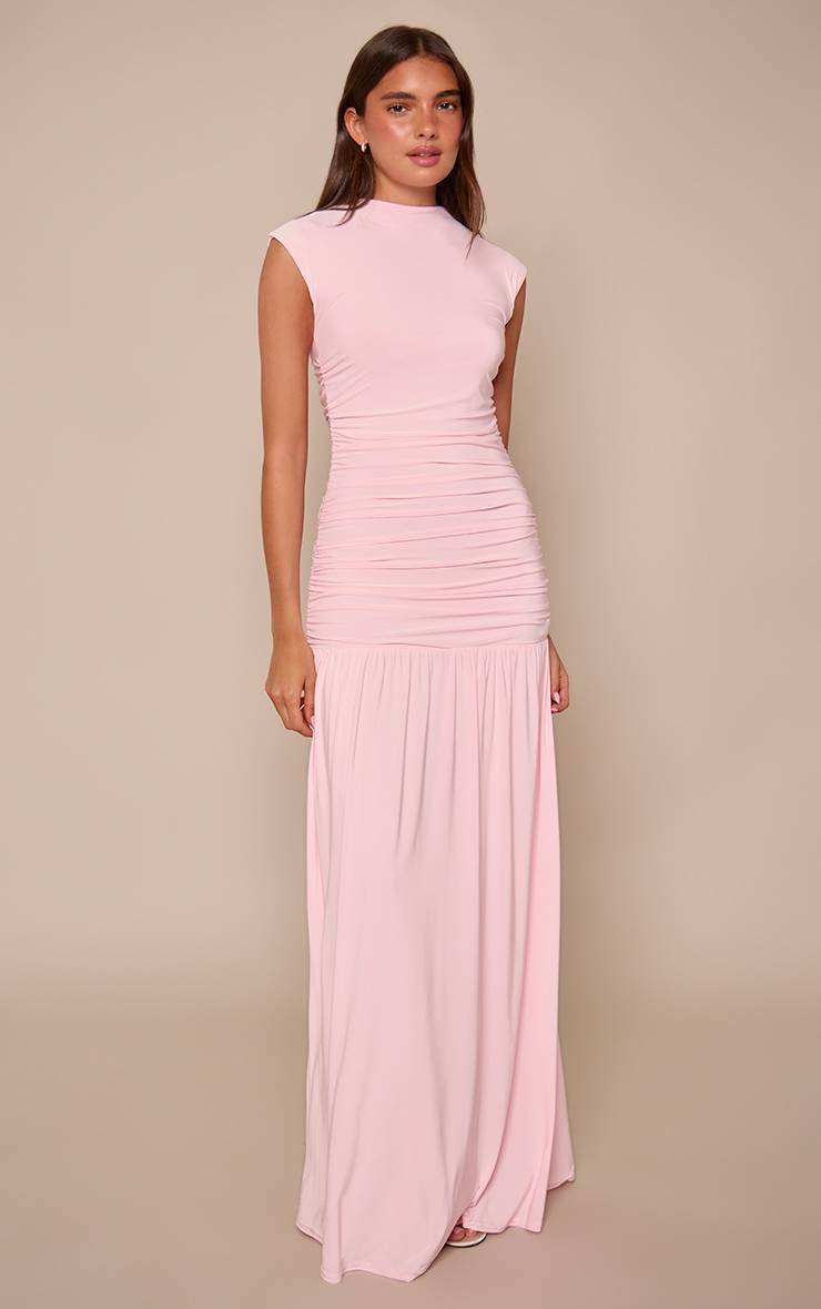 Rose Bébé Robe Maxi À Taille Basse En Jersey Fluide À Double Épaisseur Avec Manches Courtes