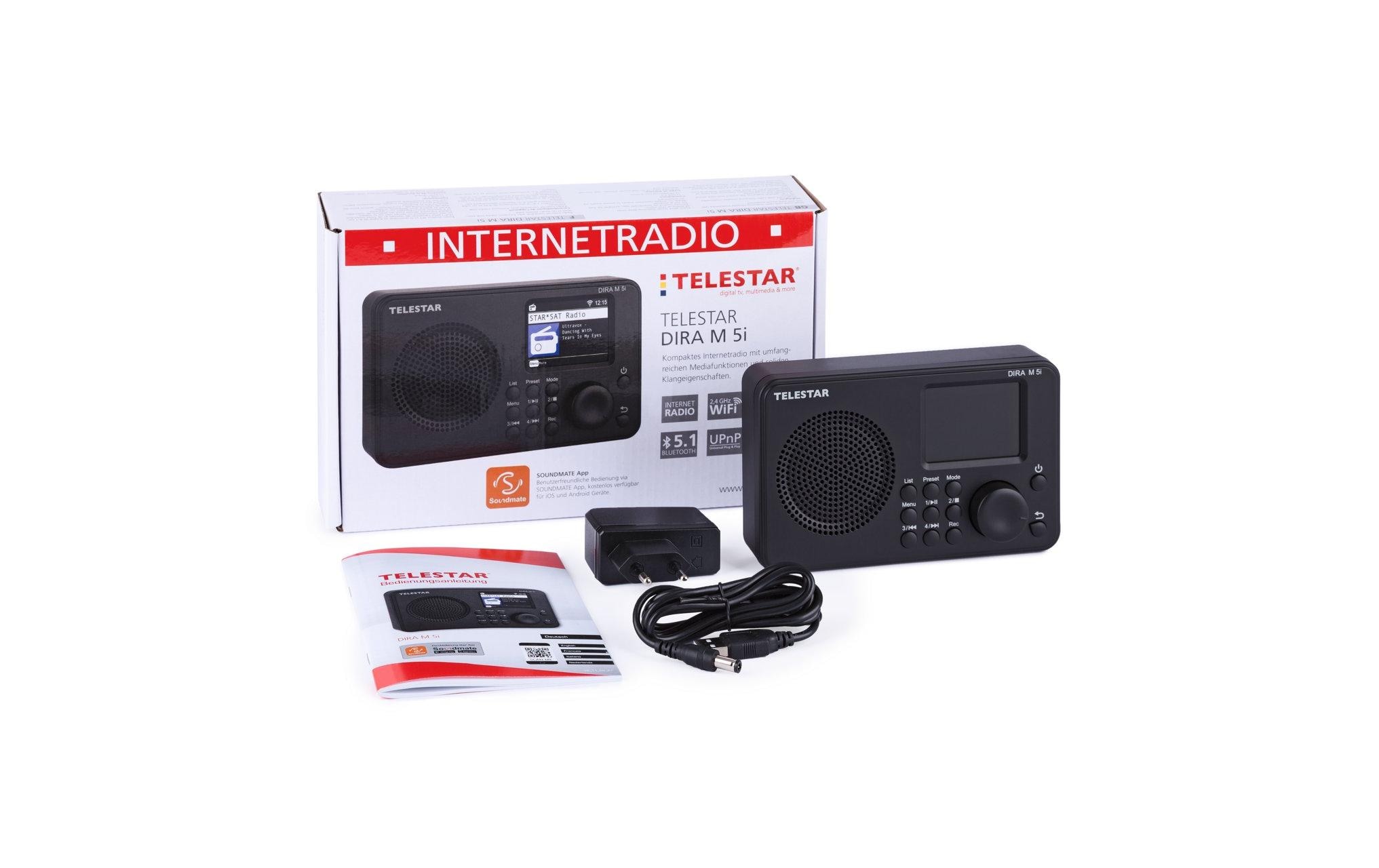 Internet Radio DIRA M5i SchwarzSehr kompaktes, klangstarkes Internetradio, mit grossem Display, umfangreichen USB Mediafunktionen, Fernbedienung via App und 5 V Stromversorgung