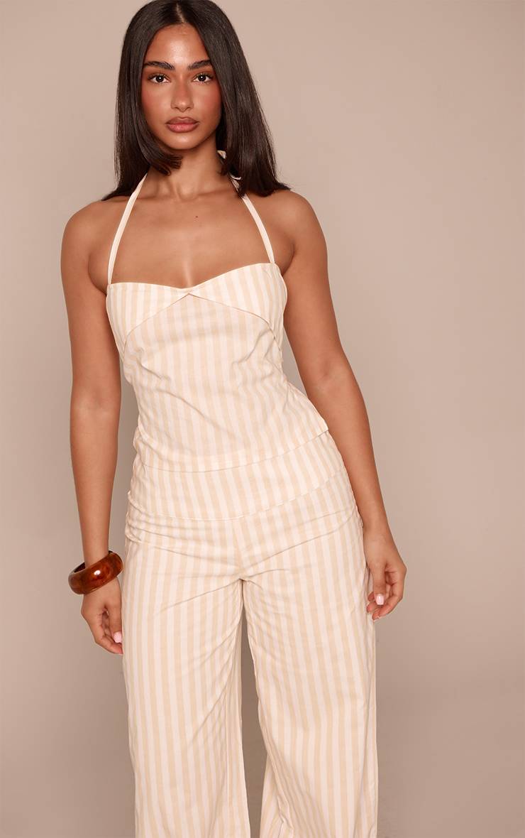 Butter Yellow Top Court Dos Nu À Rayures Fines Aspect Lin Petite Taille Ensemble Coordonné