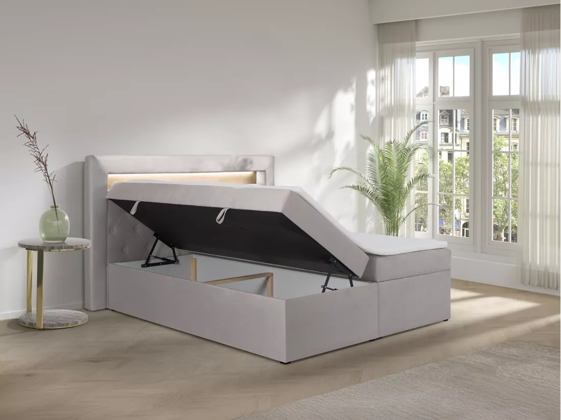 Ensemble complet literie déco tête de lit avec led + sommiers coffre + matelas + surmatelas - 180 x 200 cm - Velours - Beige - ORANA de YSMÉE