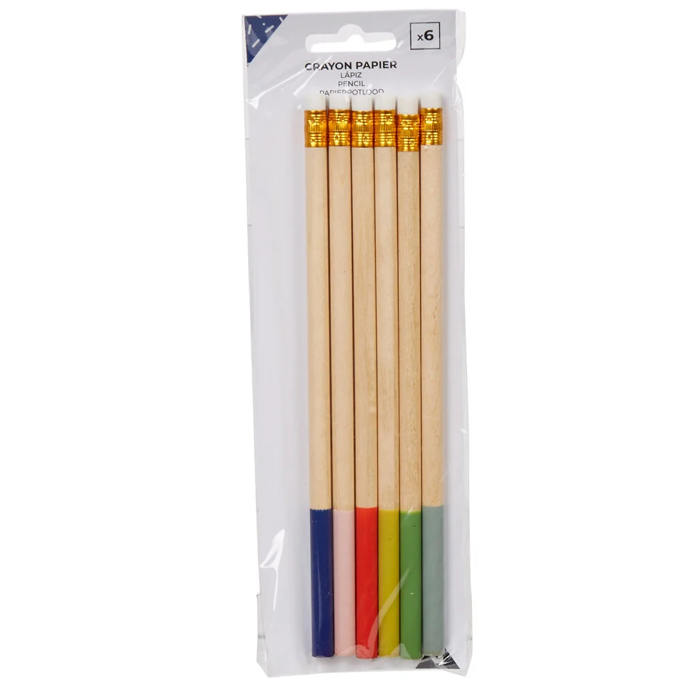 Crayon à papier bois multicolore avec gomme x6