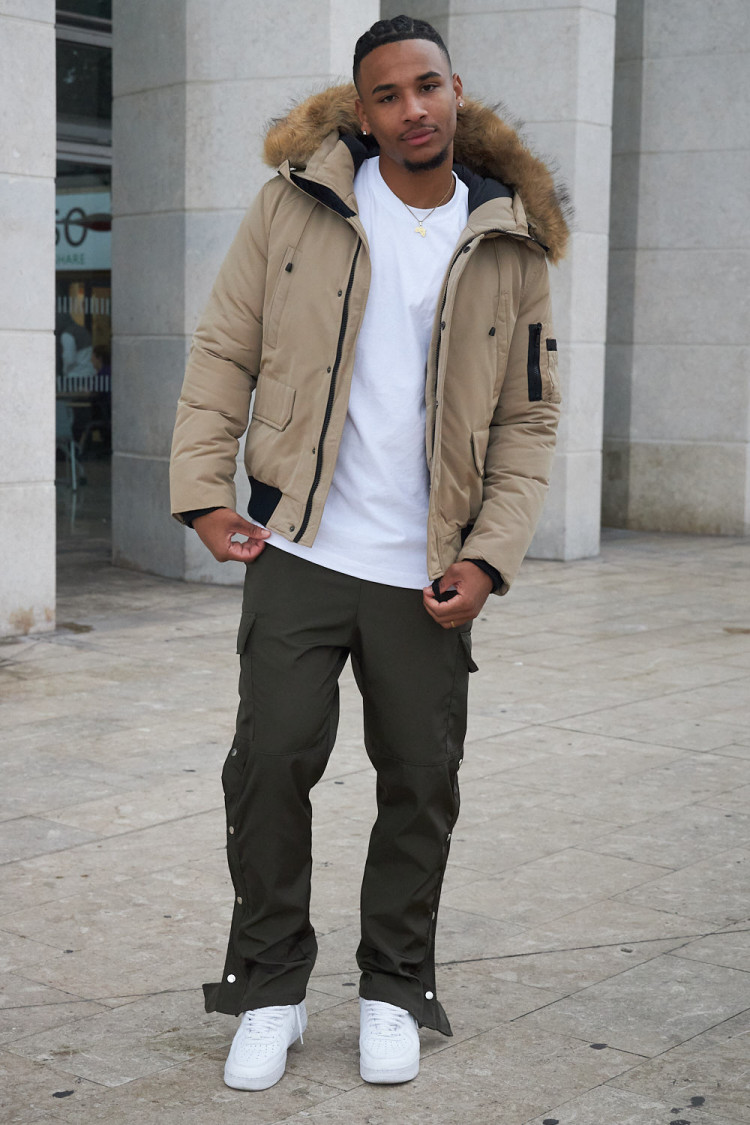 Parka bi-matière beige à capuche en fourrure