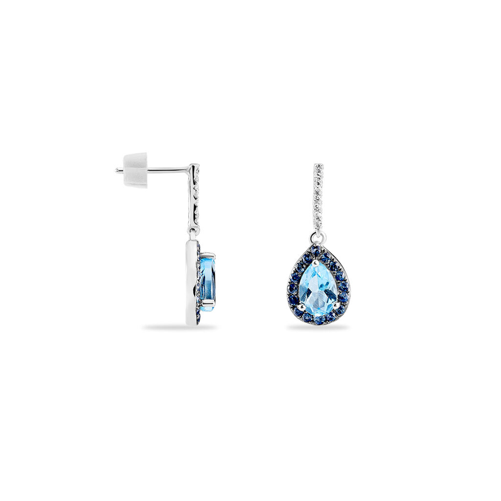 Boucles D'oreilles Puces Kenza Or Blanc Topaze Et Saphir Et Diamant