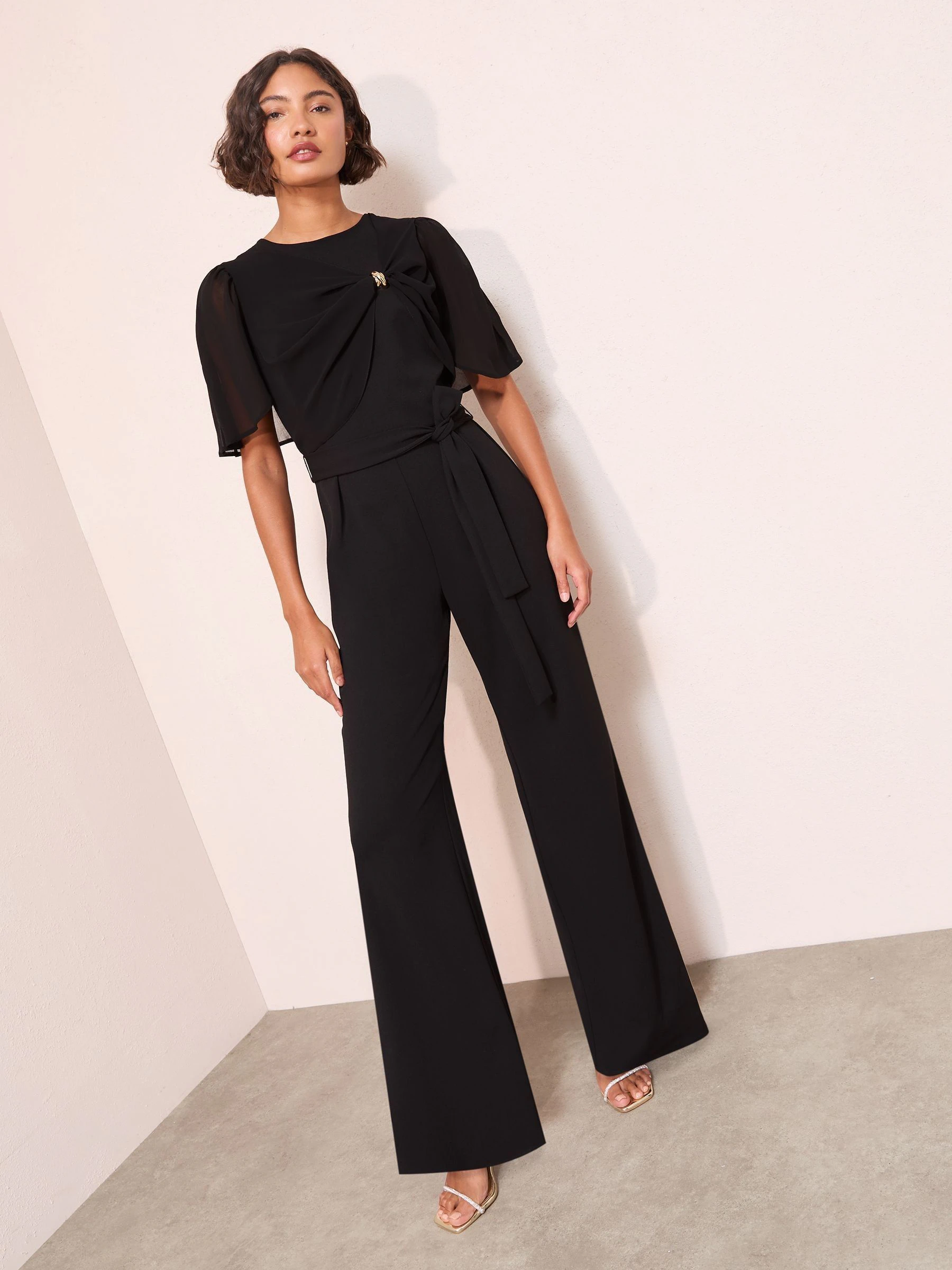 Marineblauw - Friends Like These Scuba Jumpsuit With Chiffon Overlay