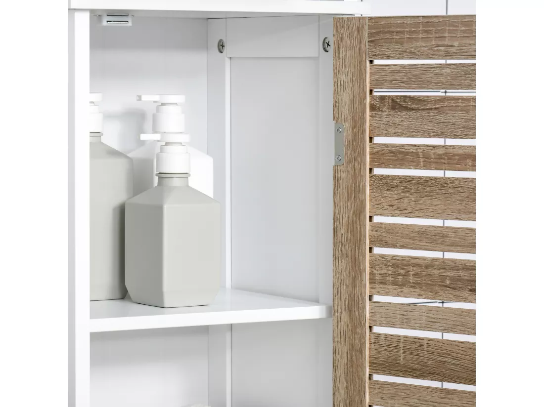 Meuble colonne rangement salle de bain style cosy dim. 34L x 26l x 172H cm 3 niches porte aspect bois lattes 3 étagères