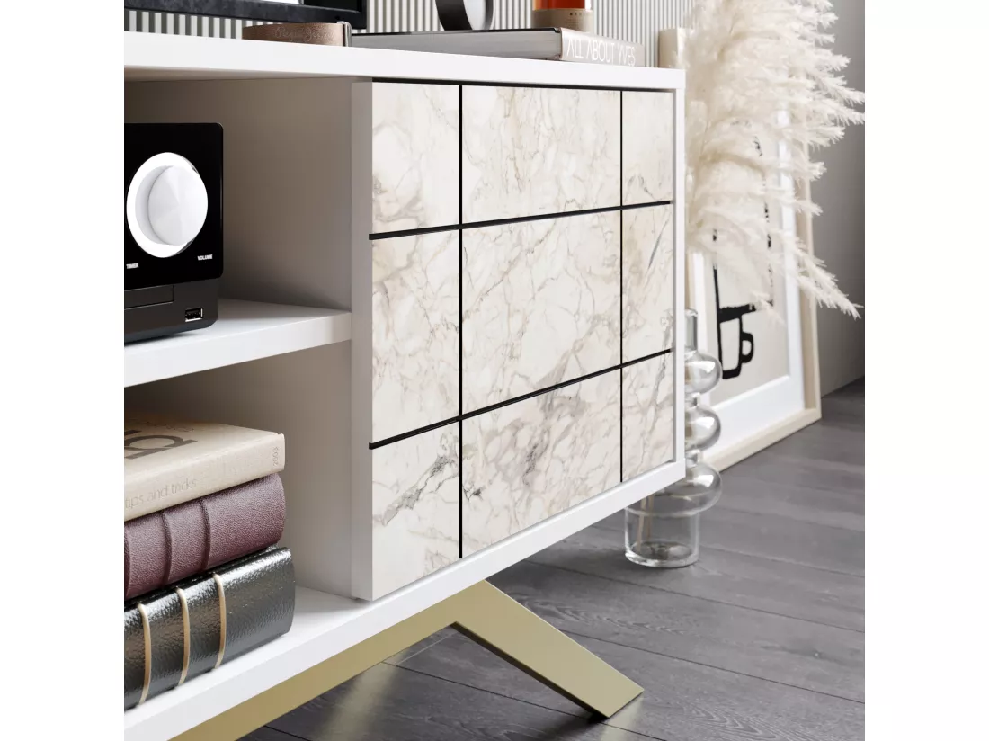 Meuble TV North 130 cm avec cabinet et étagès, pieds en métal (Blanc, Effet marbre blanc et Doré)