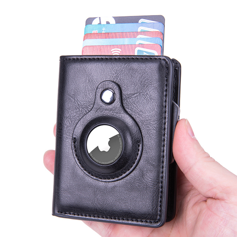 Apple AirTag Mini Wallet Kreditkarten Portemonnaie Leder Geldbörse mit Kartenauswurf-Mechanismus für 10 Karten - Schwarz