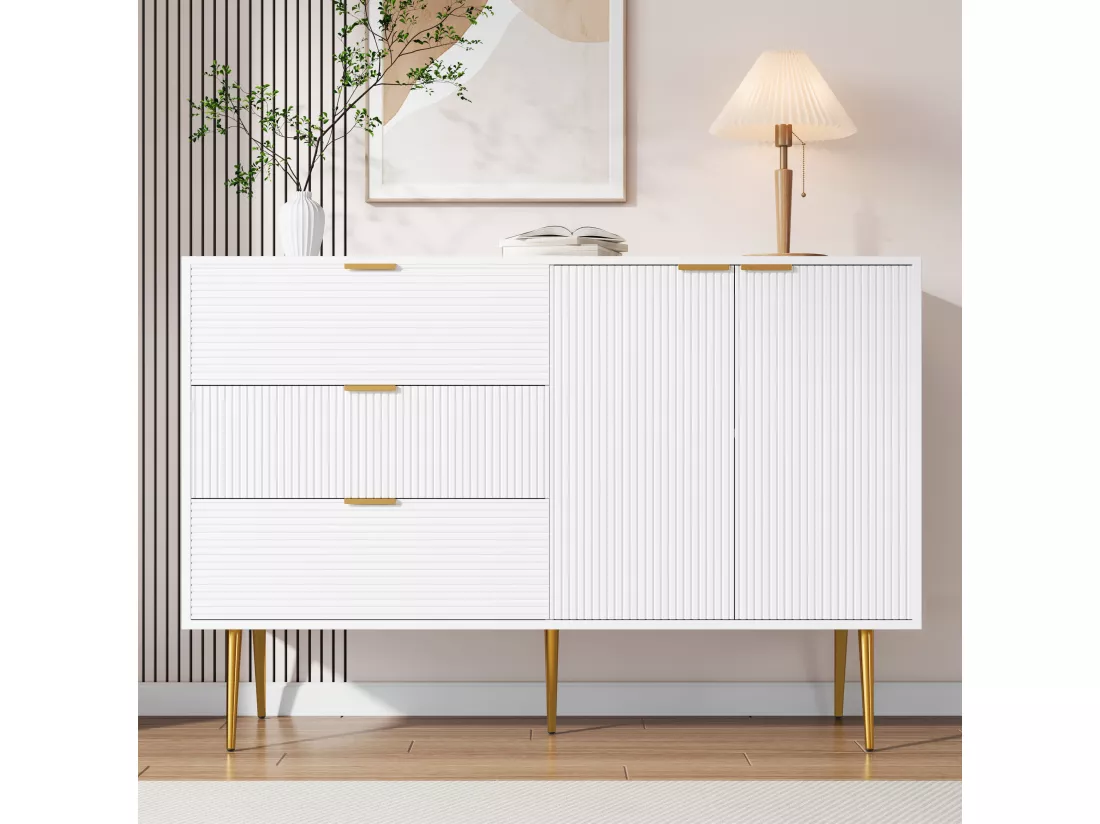 Buffet avec 2 portes et 3 tiroirs - 120 x 38 x 80.5 cm - Poignées et pieds dorés - MDF - Blanc et or