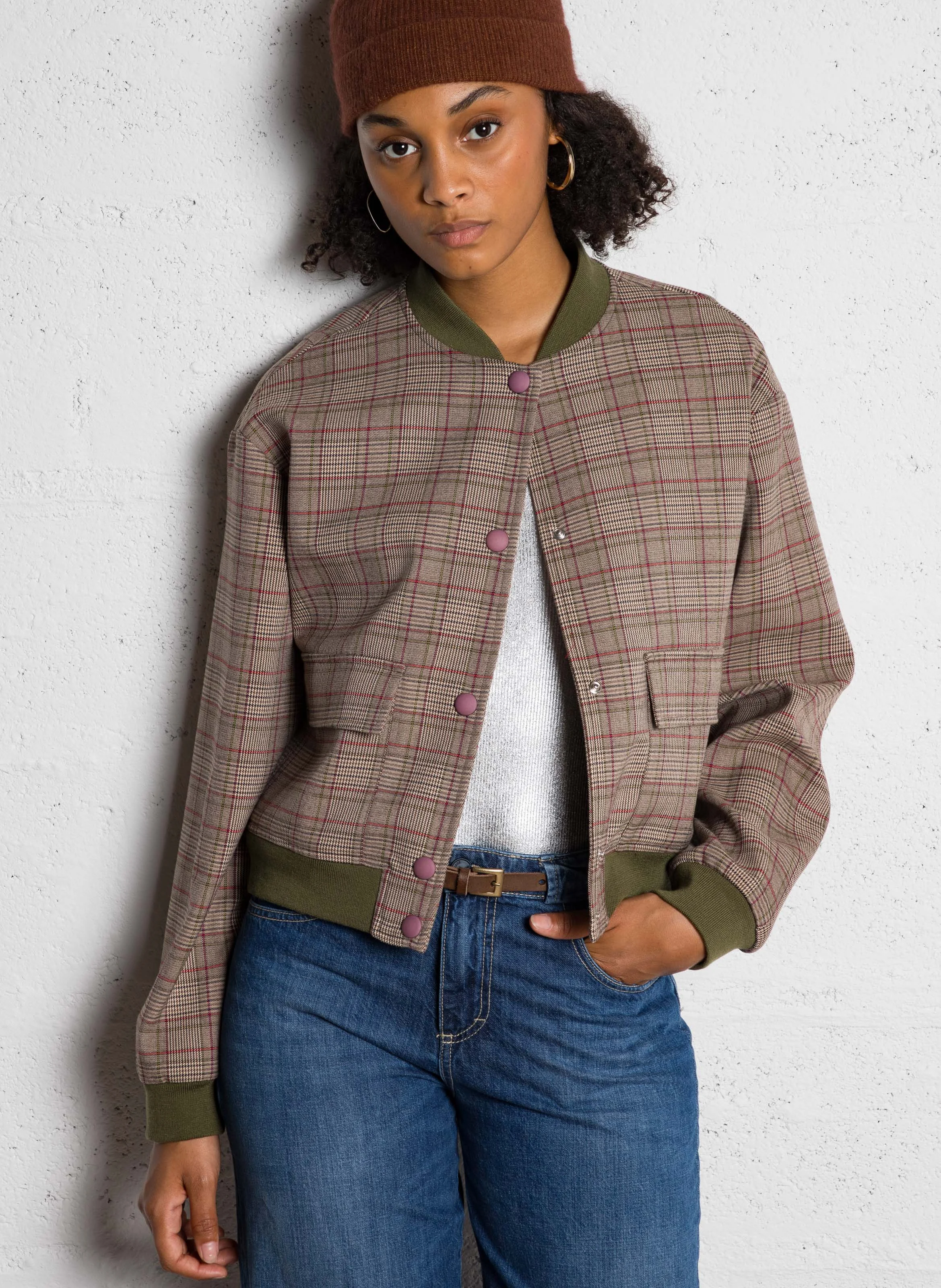Veste courte col rond à carreaux | Beige