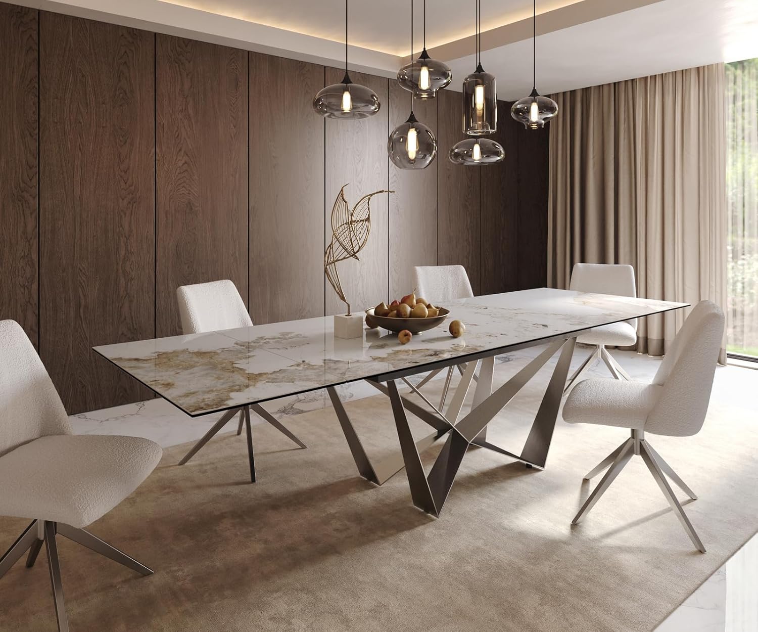 DELIFE Esszimmertisch Edge Keramik Minas Melange Weiß-Beige 200-300x100 Spider Flachstahl Edelstahl ausziehbar