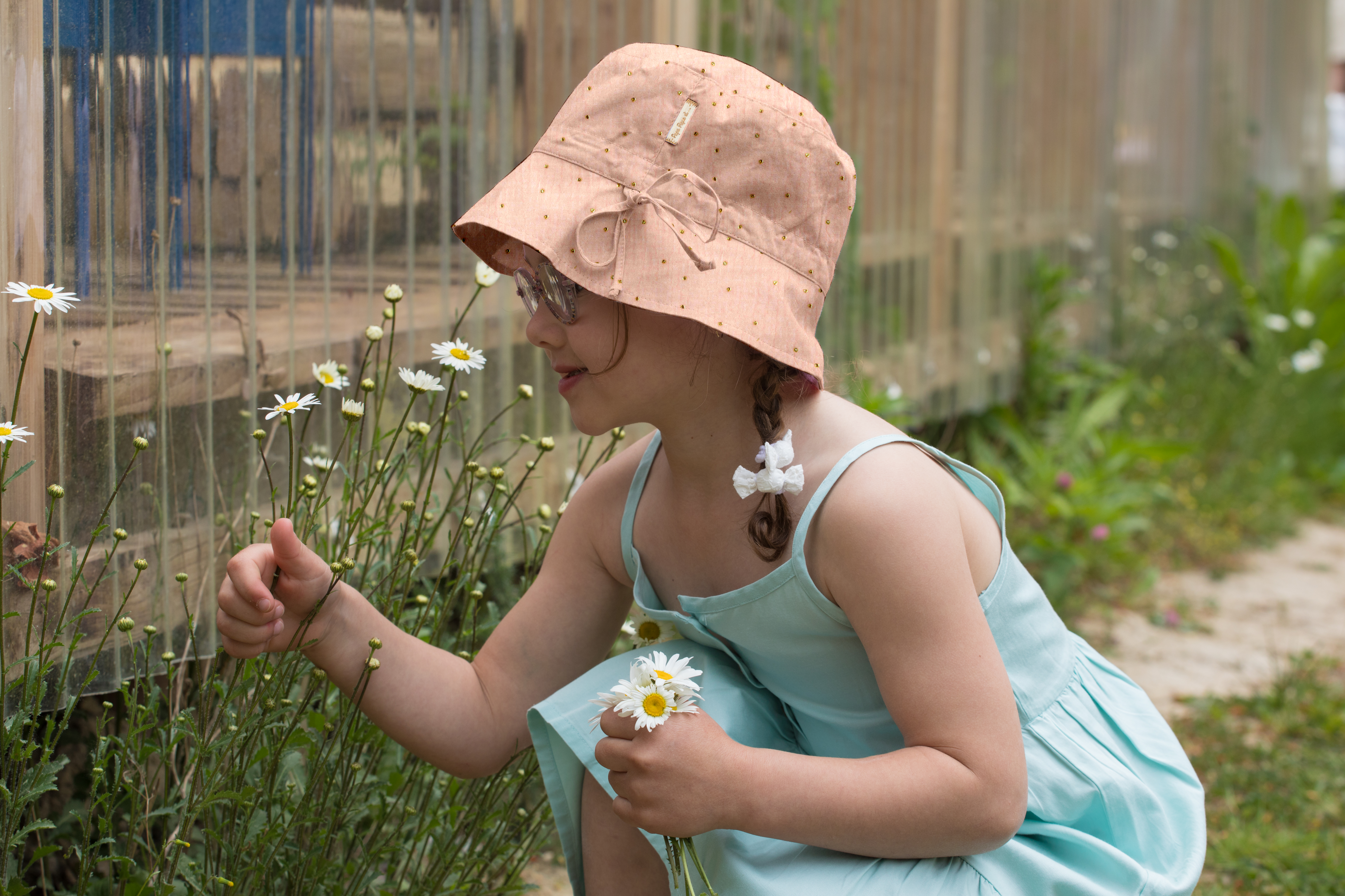 Chapeau De Soleil Enfant Gaze Pois Or Rose
