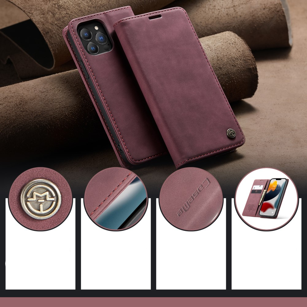 iPhone 13 Pro Leder Tasche Flip Wallet Etui mit Kartenfächern - Dunkelrot