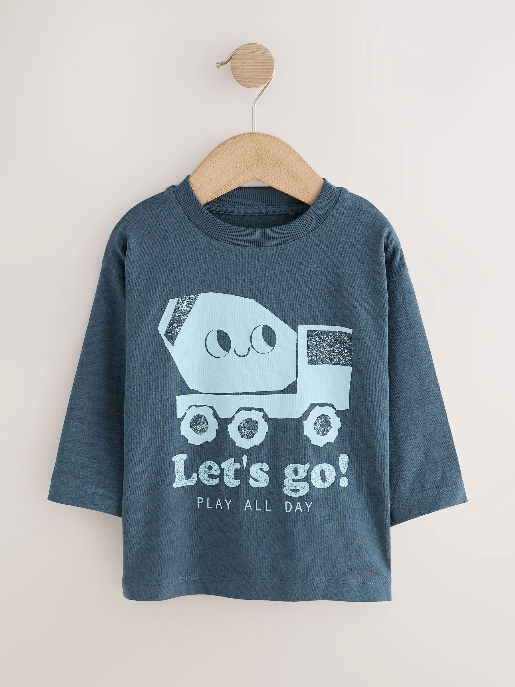Blauw graafmachine - Set van 3 T-shirts met grafische print en lange mouwen (3mnd-7jr)
