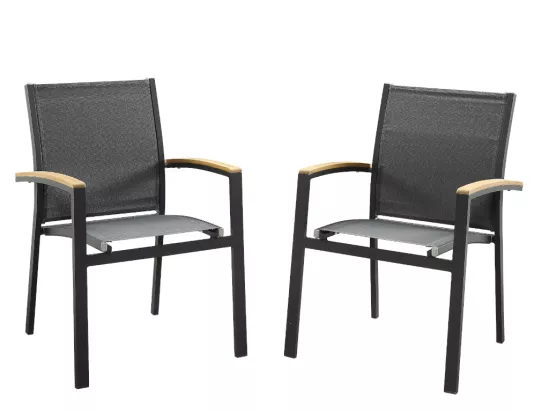 Salle à manger de jardin en aluminium : une table extensible L.180/240cm et 6 fauteuils empilables avec accoudoirs acacia - Anthracite - NAURU de MYLIA