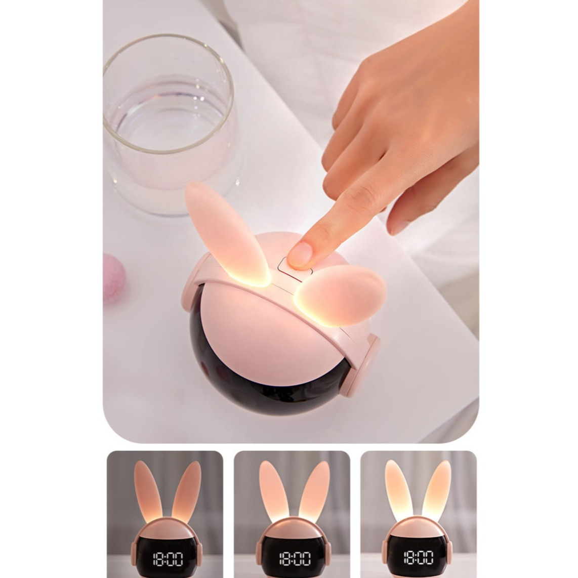(17x10cm) Silikon Wecker Kinder LED Nachtlicht Hasen Uhr - Rosa