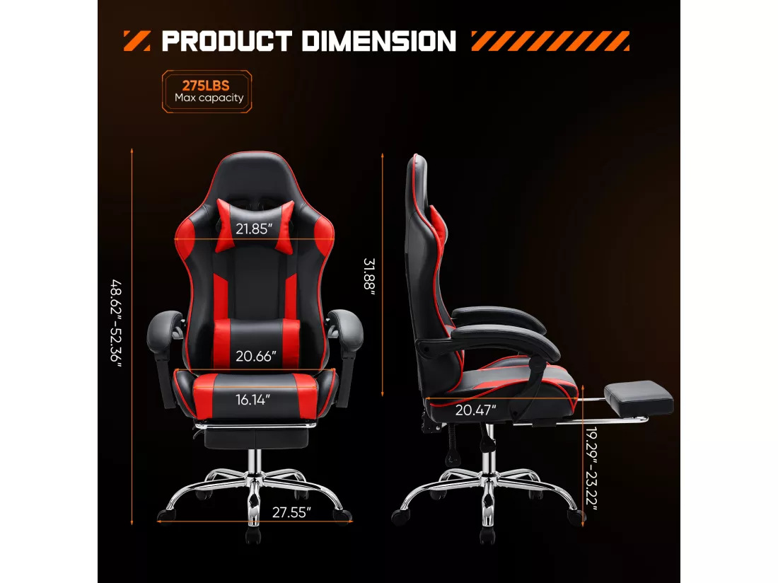 Chaise de jeu ,Chaise de bureau avec repose-pieds et soutien lombaire confortable,Ergonomique,Fauteuil inclinable avec appui-tête,Cuir PU,Rouge,Noir