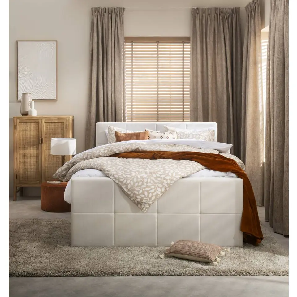 Boxspring met opbergruimte en voetbord Liv geblokt - ecru - 180x200cm