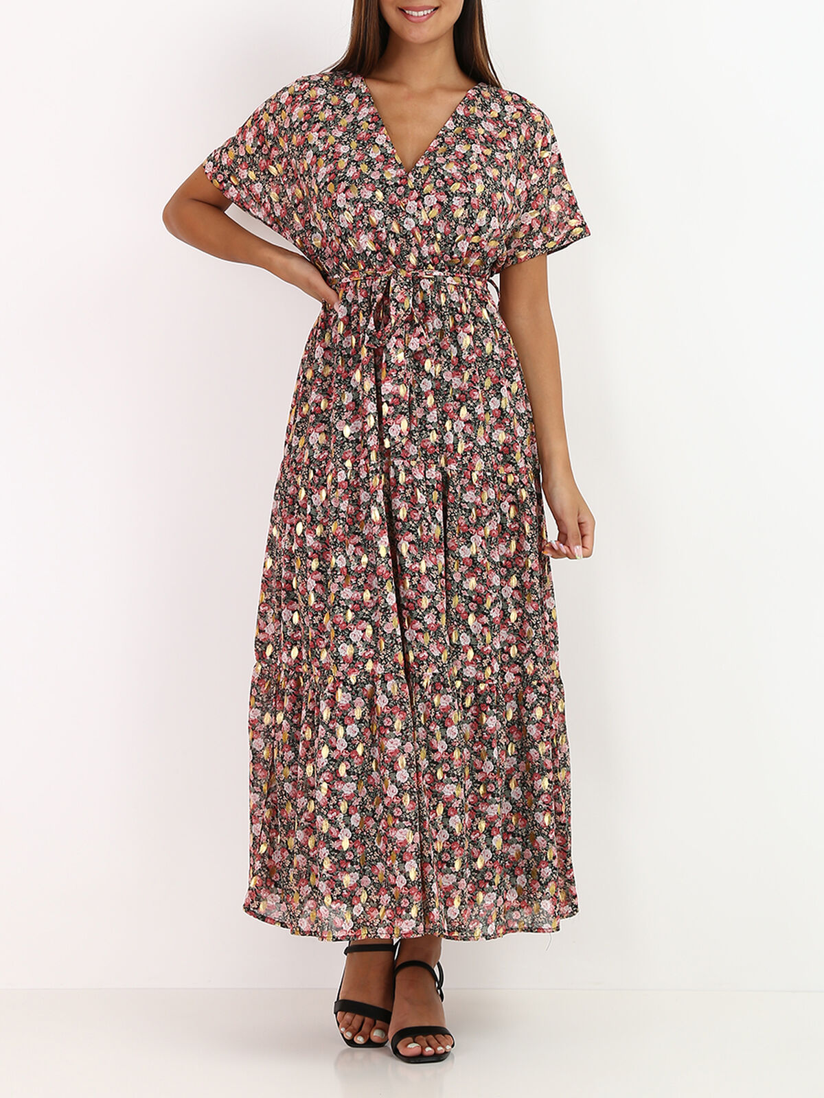 Robe longue à petites fleurs et détails- Noir