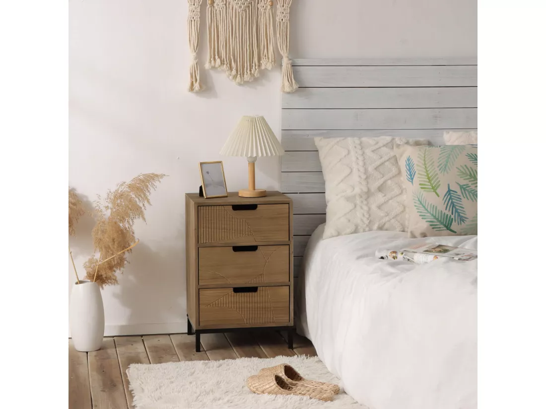Table de Chevet de Style Scandinave avec 3 Tiroirs en Bois Compact