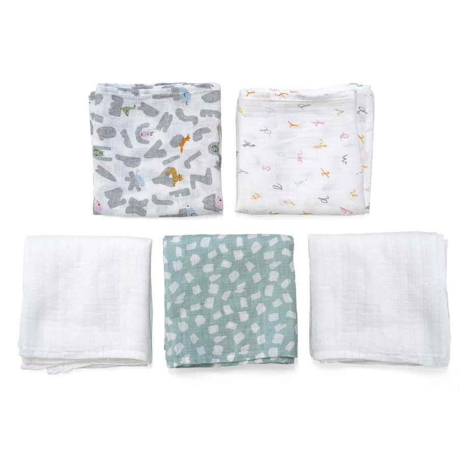aden + anais™ essentials Baumwoll-Musselin-Spucktücher 5er-Pack  alphabet animals 60 x 60 cm