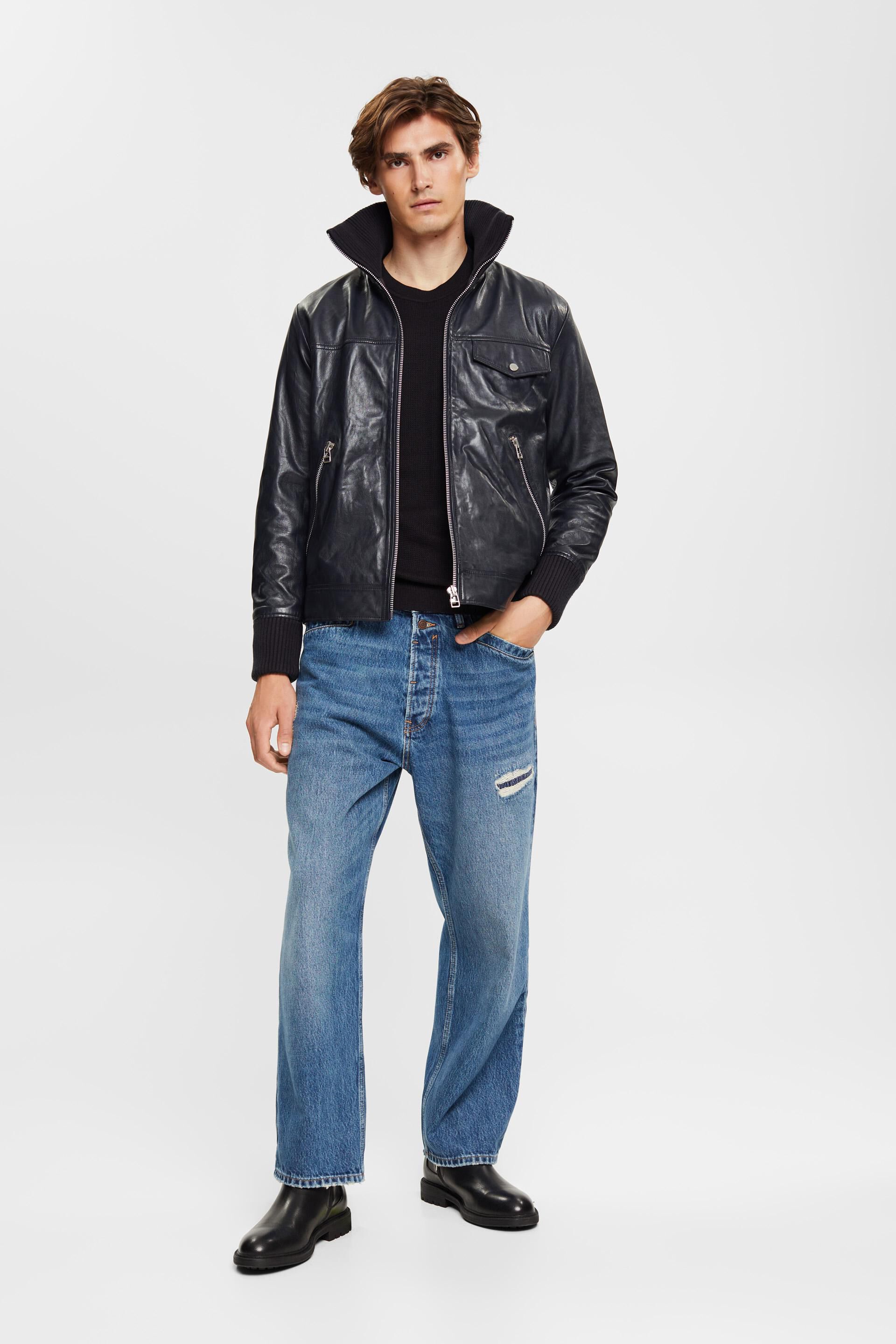 Veste en cuir à col en maille côtelée