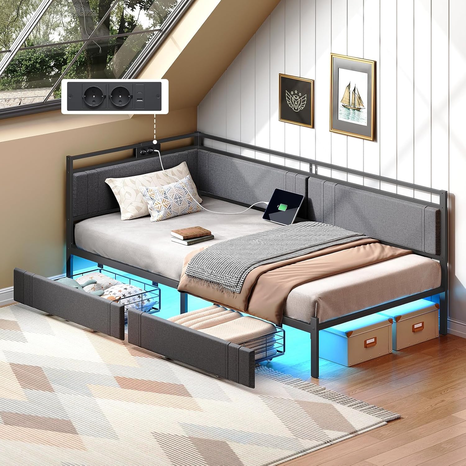 HOOBRO Schlafsofa 90 x 200 cm mit 2 Schubladen, Lattenrost, Bettgestell, Polsterbett mit Ladestation und LED-Beleuchtung, Polsterbett, Einzelbett, für Schlafzimmer, Grau und Schwarz EBG81CDBF01 VW0348947