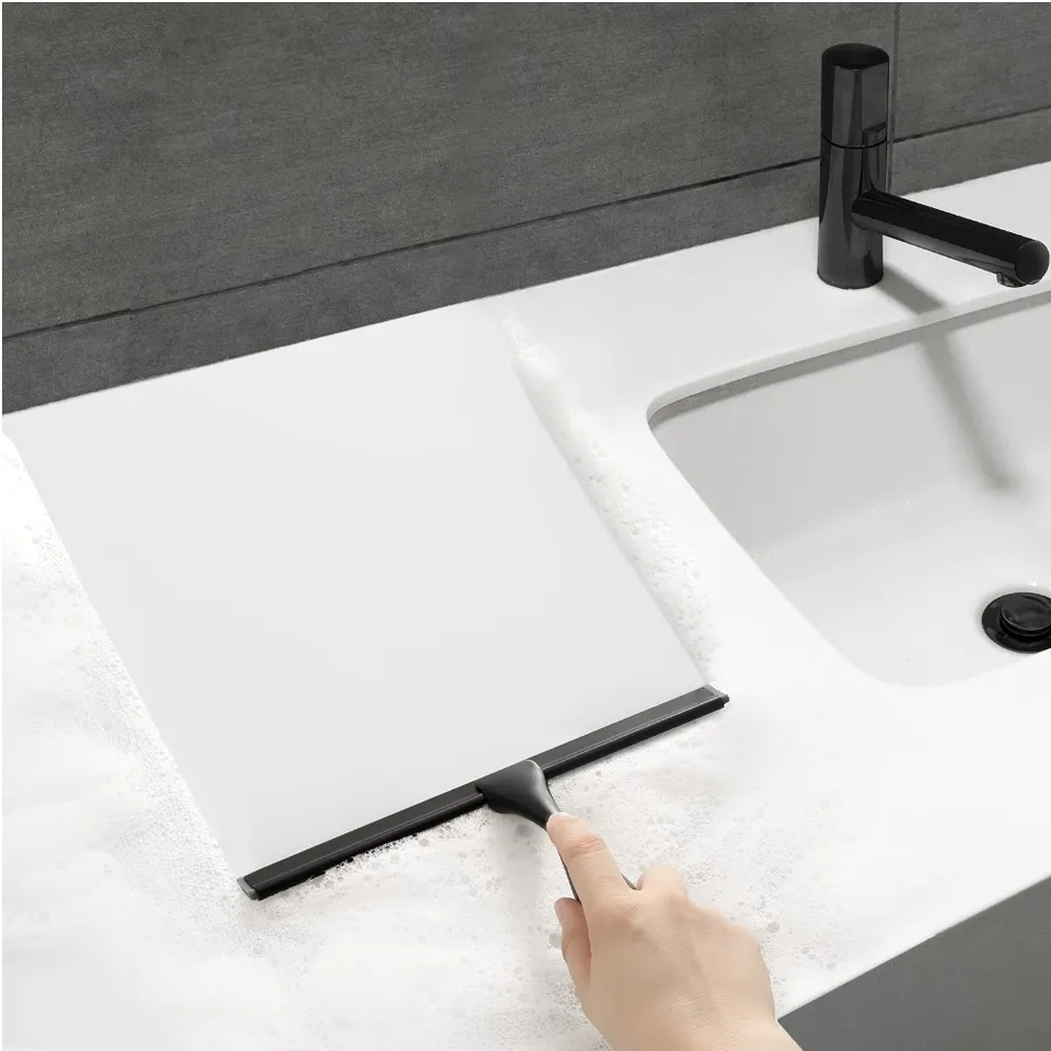 (2-tlg. Set) 28cm Silikon Duschabzieher Badezimmer Glasschaber Fensterwischer   Halterung - Schwarz
