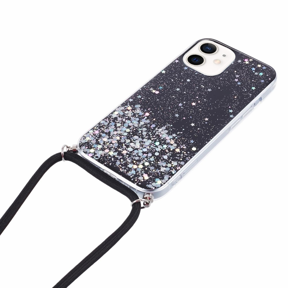 iPhone 12 / iPhone 12 Pro Necklace Gummi Hülle im Glitzer Design   Handykette (140cm) - Schwarz / Transparent