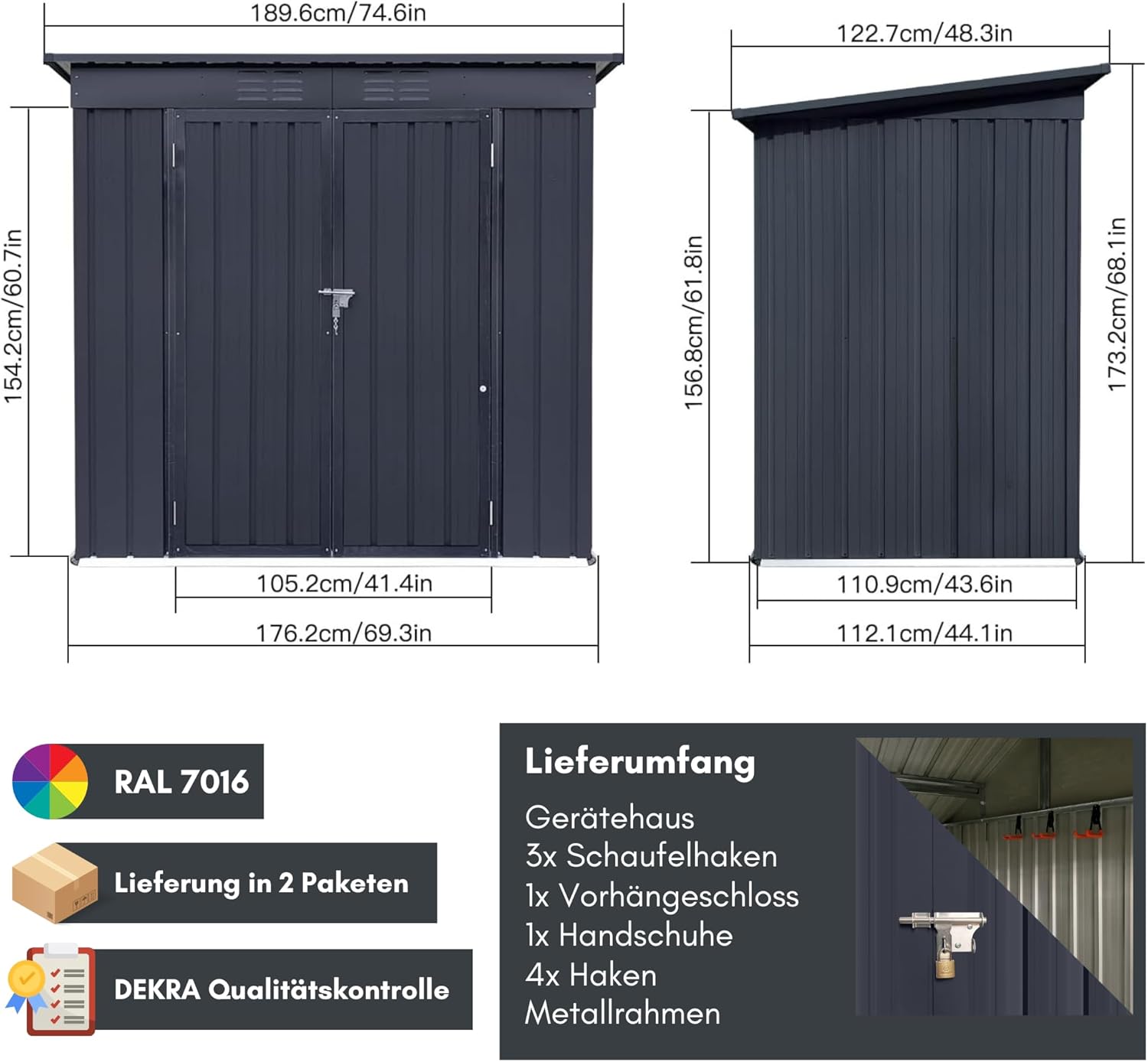 Albatros Profi Gerätehaus L – verzinktes Metall in Anthrazit (RAL 7016) | 190x122x173cm, 3,9m³ | Inkl. Schloss & Werkzeughaken | wetterfester Geräteschuppen, Gartenschrank, Gartenhaus