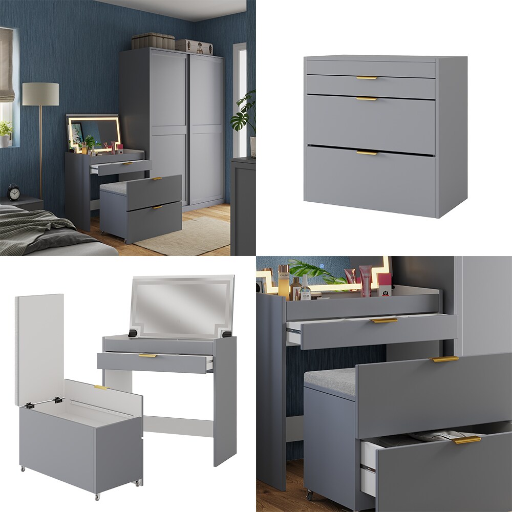 Vicco Schminkkommode Wanja Grau 80 cm mit Bank und LED-Spiegel