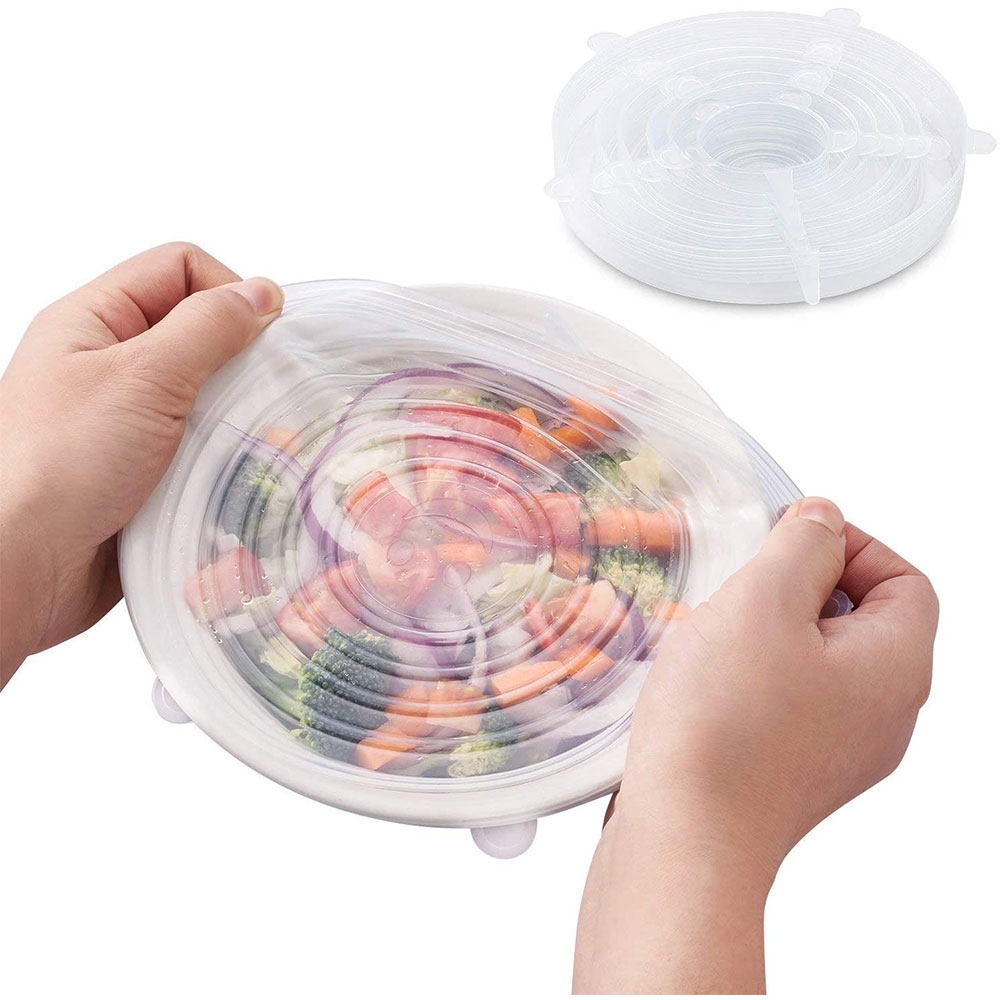 (6er Set) Universal Silikon Lebensmittel Deckel Wiederverwendbare Abdeckung für Früchte / Gemüse / Schüsseln - Transparent