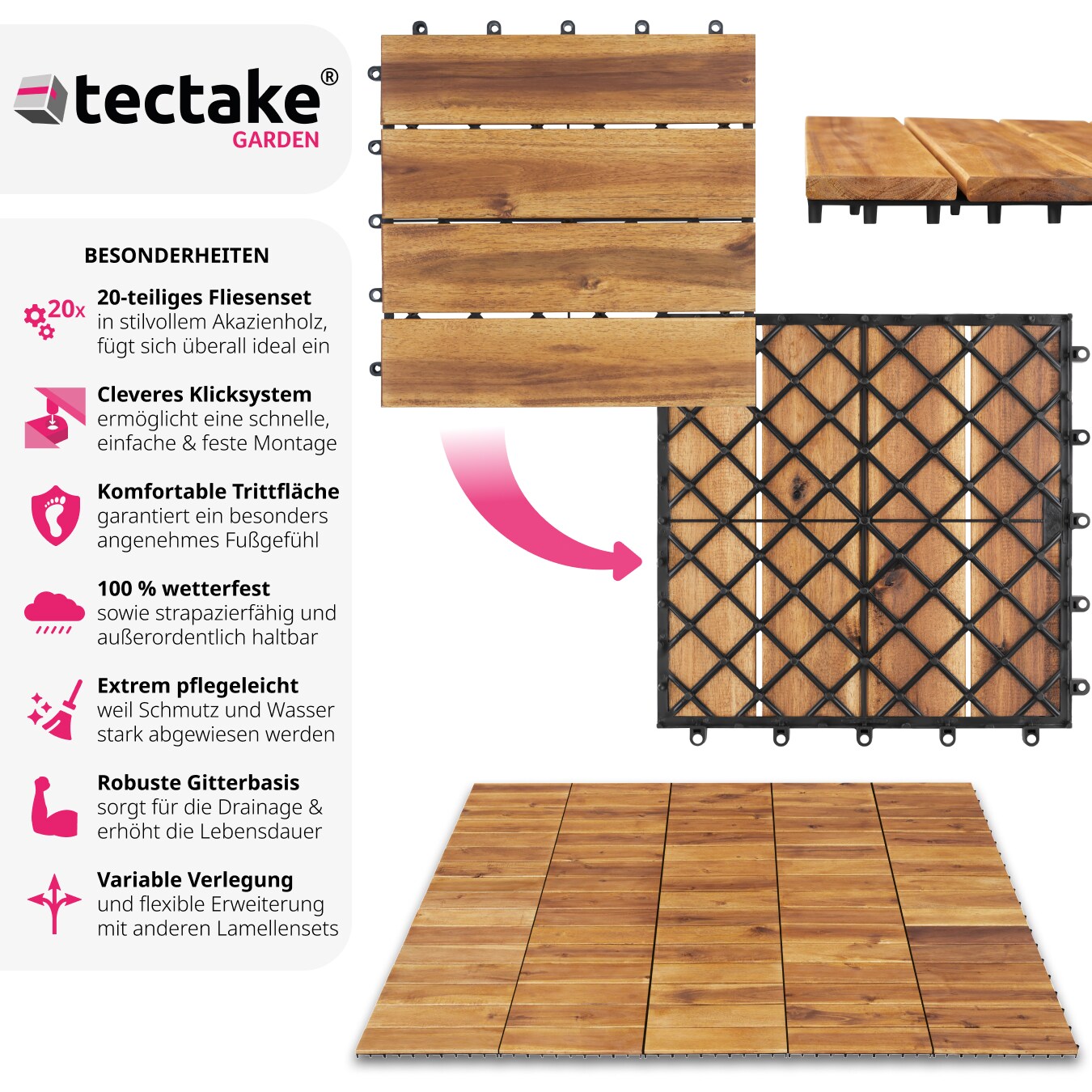 tectake® Terrassenfliesen, 20er Set mit Klicksystem, mit Drainage, 31 x 31 x 2,2 cm