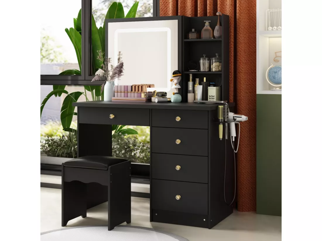 Coiffeuse avec éclairage miroir tabouret et étagères supports et 5 tiroirs 100x136x50cm Noir