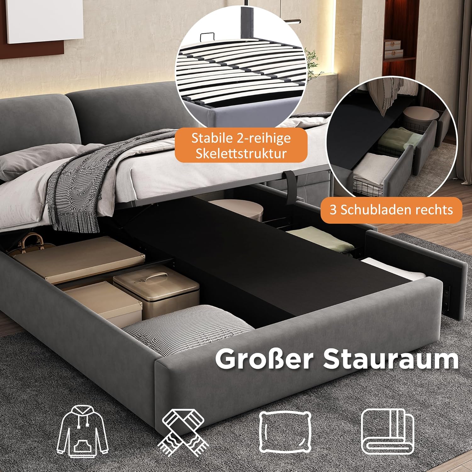 Polsterbett Doppelbett 140x200 cm mit 3 Stauraum Schublade, Bett mit Stauraum und Kopfteil, Stauraumbett mit Hydraulische Metallrahmen und Lattenrost aus Holz, Samt, Grau, Ohne Matratze