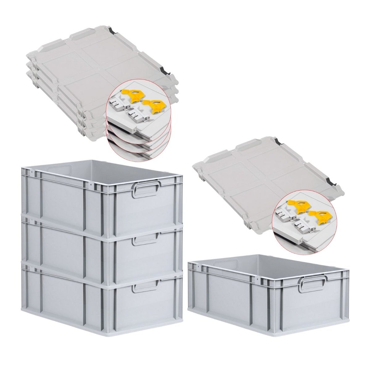 PROREGAL Super Saver Set 4x Eurobox NextGen Grip met scharnierend deksel en gele schuifsluitingen HxBxD 22 x 40 x 60 cm 44 liter