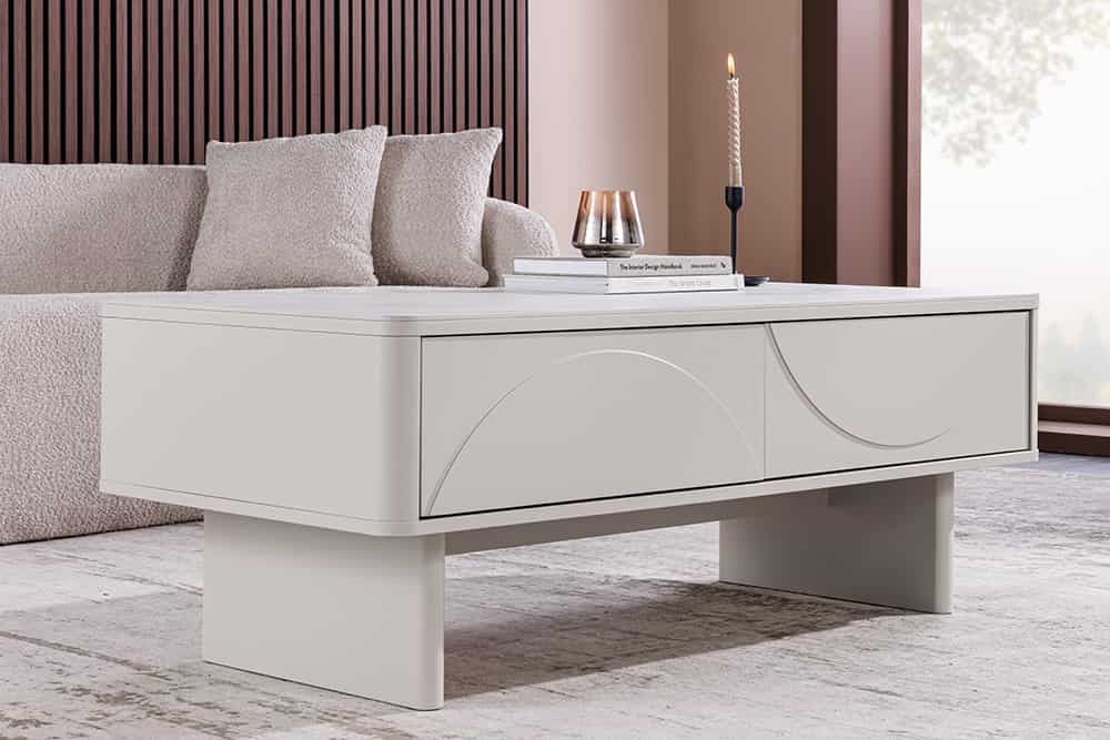 Design Couchtisch SAVOY 120cm kaschmir weiß Keramik Marmor mit Schubladen