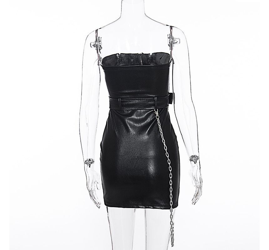 Bulgaris - Strapless, getailleerd jurkje van imitatieleer met riem, ketting en rits